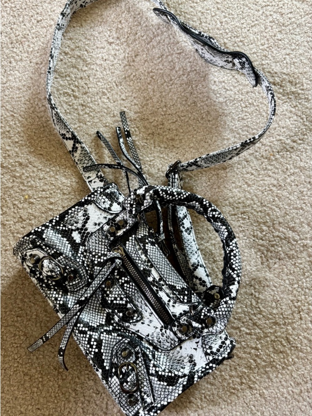Snake-Print Black & White Crossbody Bag with Top Handle